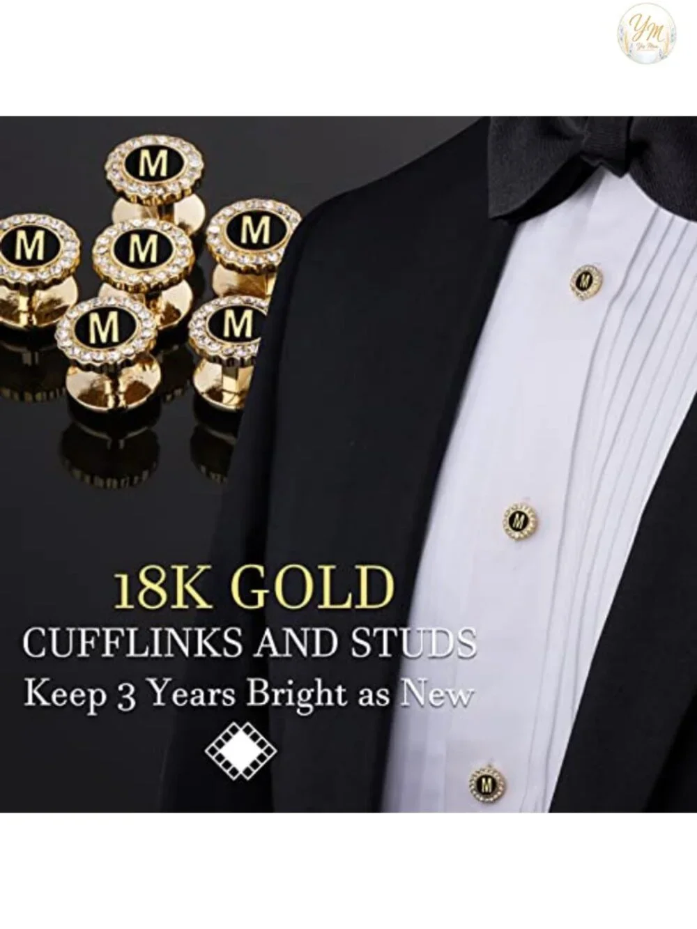 18K Gold Tone Initial Cufflinks for Men with Tuxedo Studs, Gift Boxed